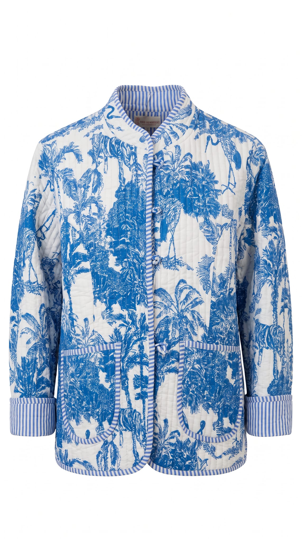Blue Jardin Jacket product flat shot on white background, full front view showing the blue and white toile print, stand collar, tie closures, and patch pockets with striped trim