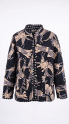 Blue Cat Chaos Jacket product flat shot on white background, front view with mandarin collar, toggle closures, twin patch pockets, and gingham interior trim, Haus of Namaste label visible